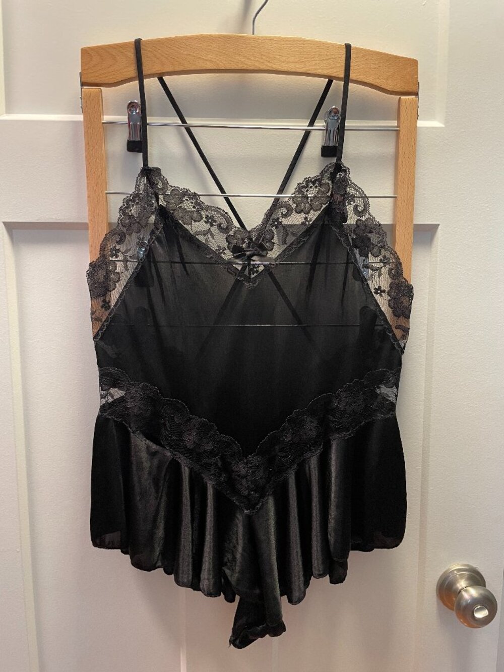Black Lingerie Silky Lacy Bodysuit Coquette Size M Romantic Cross Back